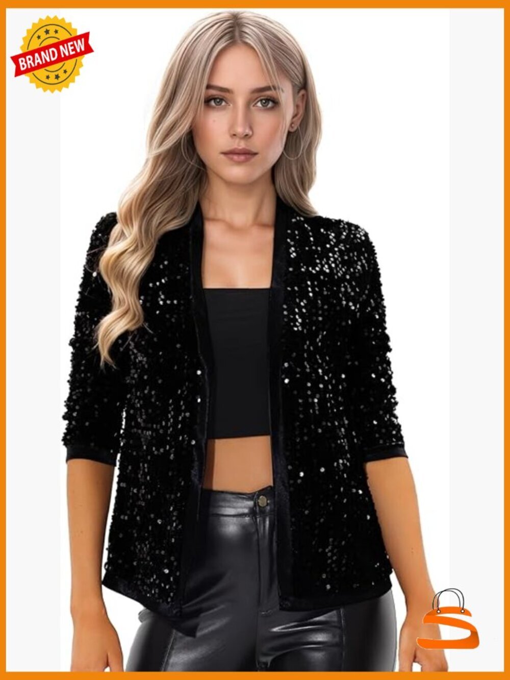 Sequin Cardigan 3/4 Sleeve Open Front Velvet Sparkle Jacket Party Blazer